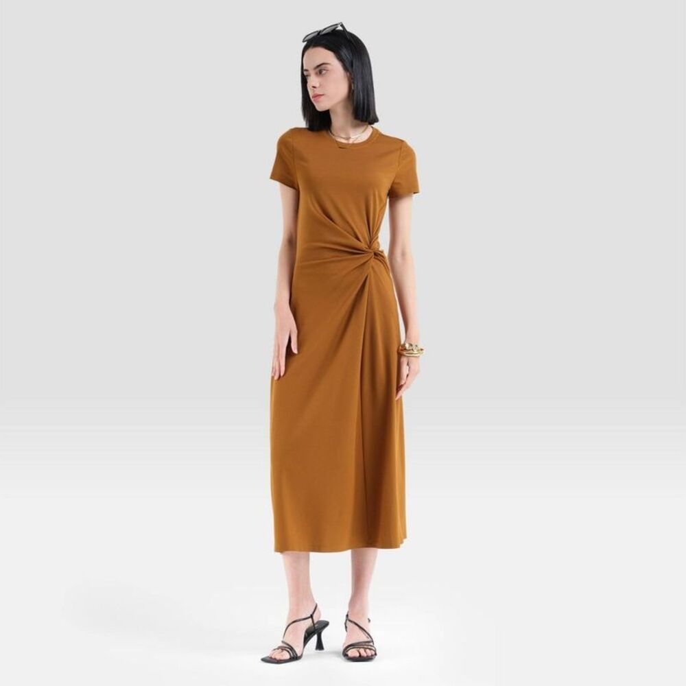 Women's Short Sleeve Soft Knit Ruched Waist Midi T-Shirt Dress - Oak Brown L